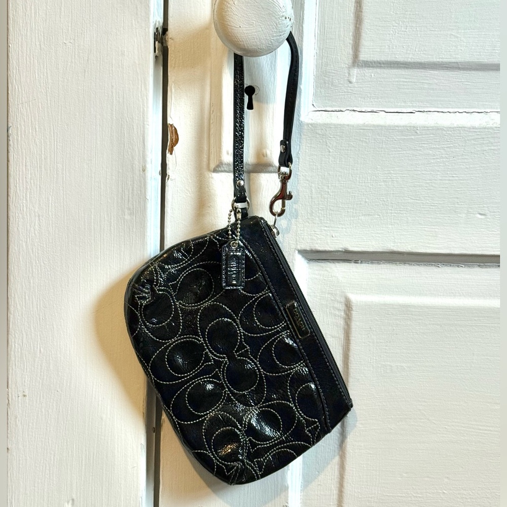 Coach Signature “C” Black Patent Leather Patterned Wristlet